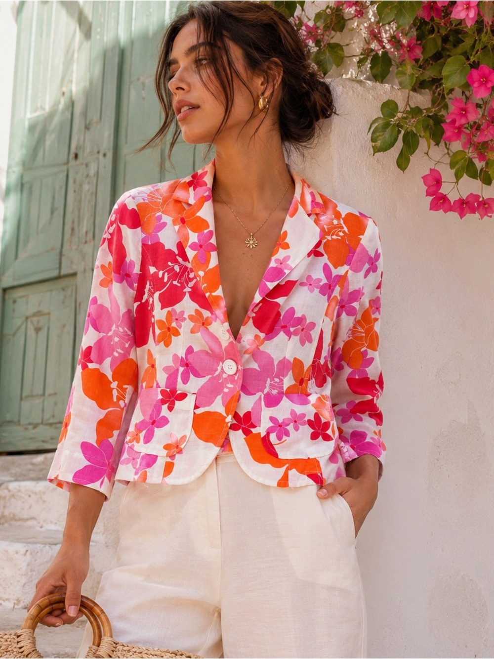 United Colors of Benetton Floral Linen Blazer IT 40 S Pink Orange Y2K Tropical